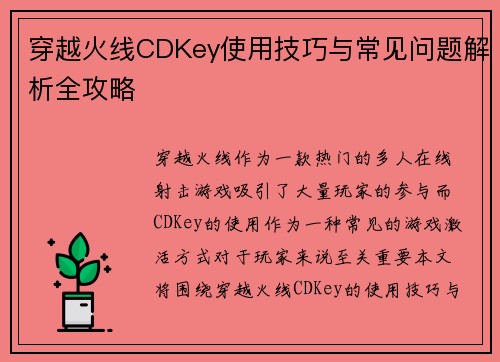 穿越火线CDKey使用技巧与常见问题解析全攻略